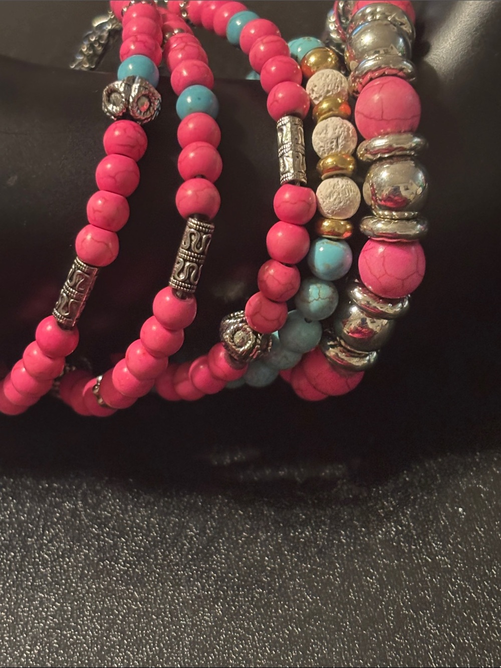 Pink and Blue Stone Beaded Stackable Bracelets with Silver Accents - Picture 1 of 13